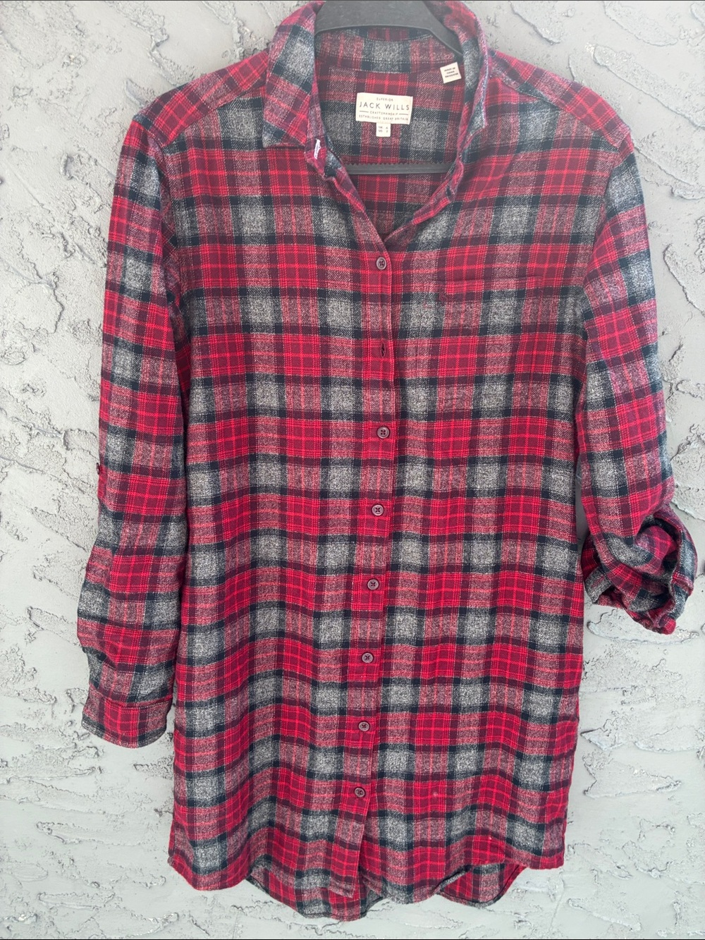 Jack Wills Shirt Dress Red and Gray Plaid Long-Sleeve Button-Down Pockets Sz 2